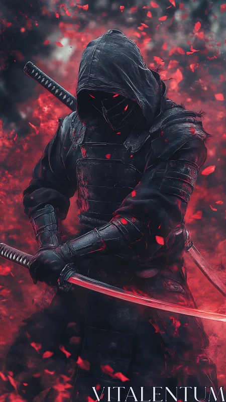 Shadow ninja warrior in red embers and dark armor.
