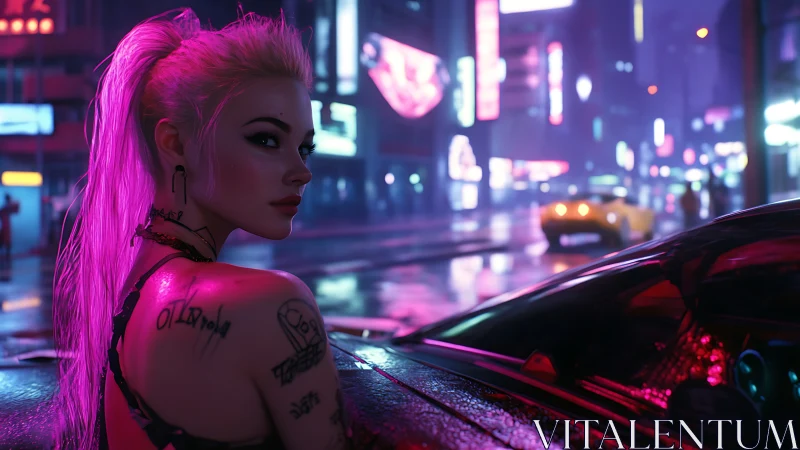 Neon lit woman beside car in wet cyberpunk city street.