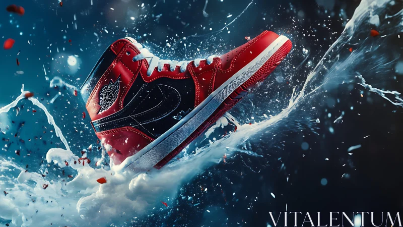 Bold red sneaker in motion splashing through bright water.