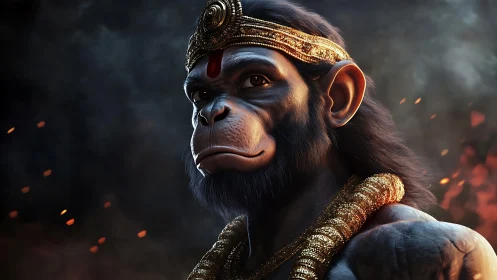 Heroic monkey warrior portrait with ornate golden crown.