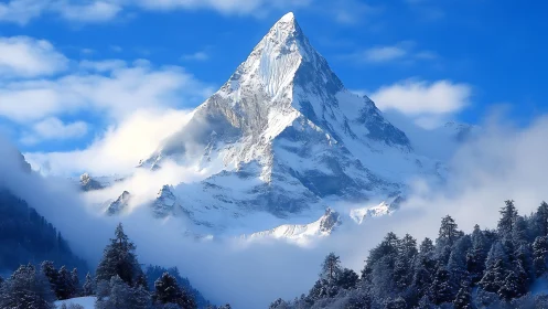 Sky-piercing ice peak wrapped in drifting winter clouds.