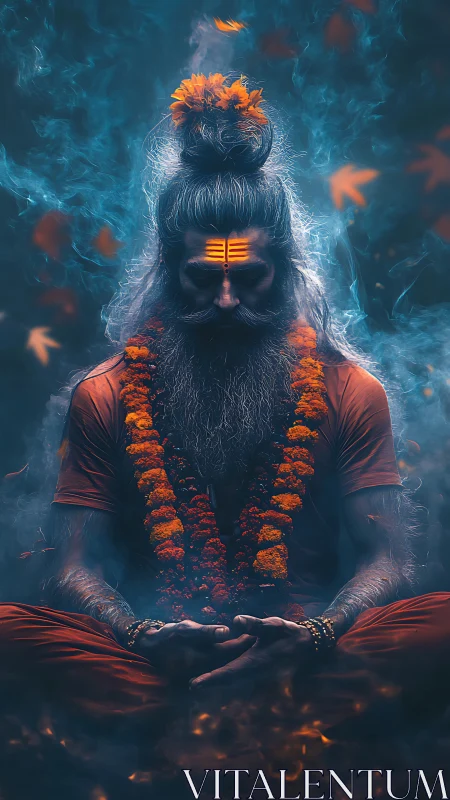 Seated ascetic in frontal view sits within dense blue smoke