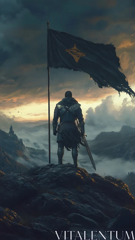 Armored warrior with banner overlooking misty mountain valley.