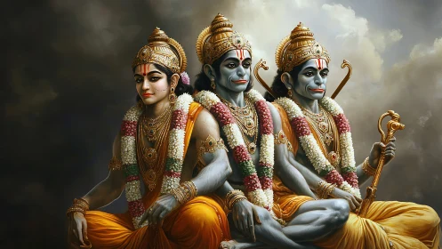 Graceful divine trio sits in golden robes and floral garlands