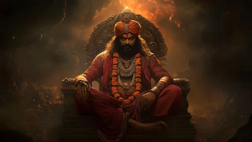 Firelit mystic king sits on ornate throne in dark cavern