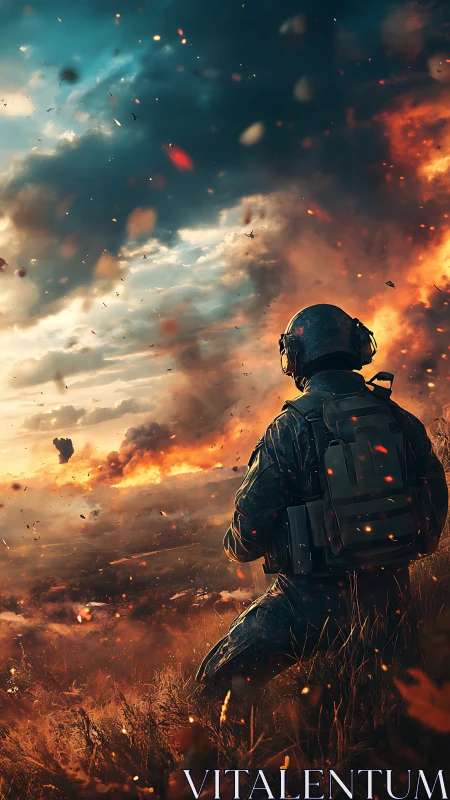 Soldier watches burning battlefield under dramatic sky.
