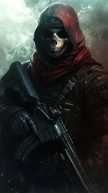 Hooded skull operative with rifle in cinematic teal red haze.