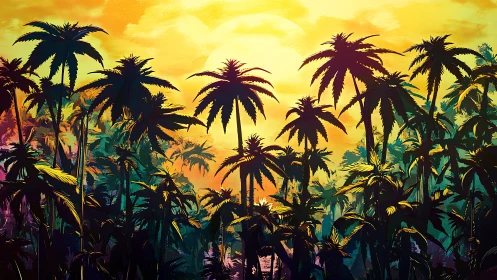 Vibrant tropical palm forest under bold sunset sky.
