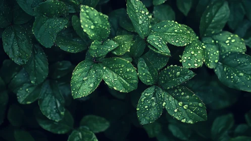 Macro optical study of rain droplets on saturated green leaves.