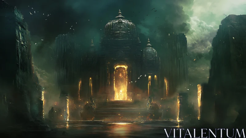 Ancient temple gate blazing with ethereal green light.