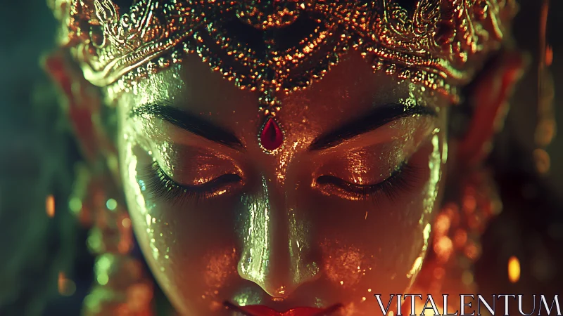 Specular close-up of jeweled ceremonial visage in repose.
