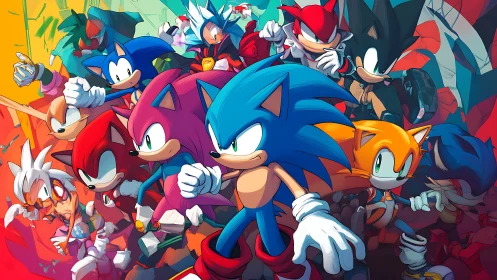 Multicharacter hedgehog ensemble in dynamic chromatic motion.