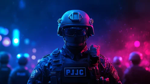 Neon riot guardian strides forward through electric twilight haze