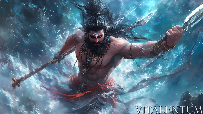 Storm-wreathed sea warrior surging through crashing waves.