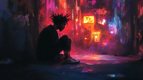 Solitary figure in neon alleyway bathed in cyberpunk glow.