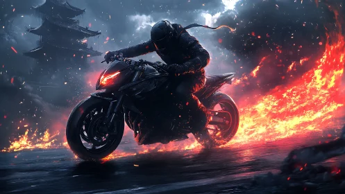 Armored biker tears through firelit storm in neon night