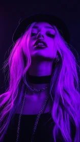 Neon-lit rebel queen bathed in ultraviolet allure and shadow.