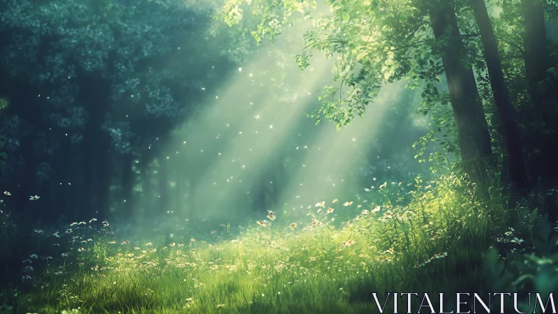 Sunlit forest clearing with drifting motes and wildflowers.