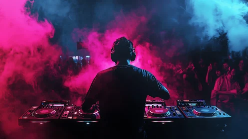 Neon lit DJ commands the dance floor with pulsing energy