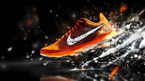 Dynamic orange running shoe in high-impact digital painting promo.