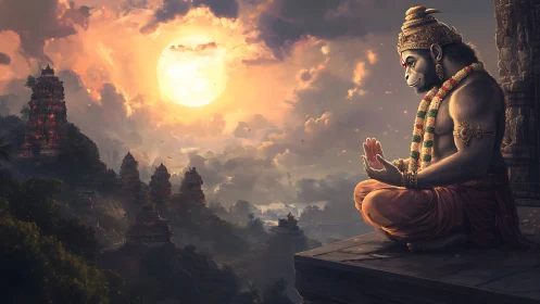 Monkey-headed deity meditates above sunlit temple valley