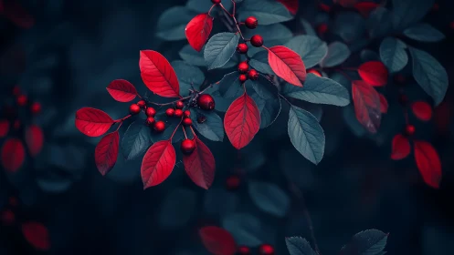 Red berries and leaves on dark blue foliage background.