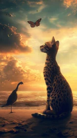 Sunset-spotted cat and shy shorebird chase a drifting dream.