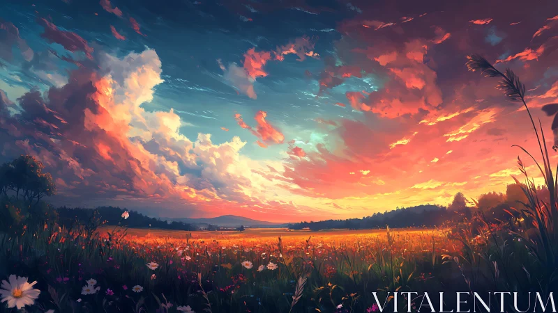 Sunset sky illuminates wide wildflower field with bright clouds