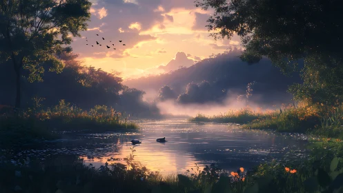 Mist-kissed river glows beneath a hush of sunrise clouds.
