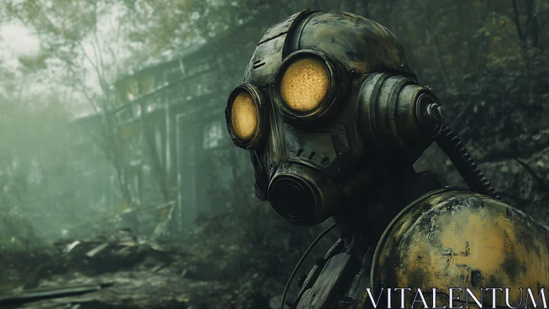 Rusted gas mask android patrols misty wasteland forest