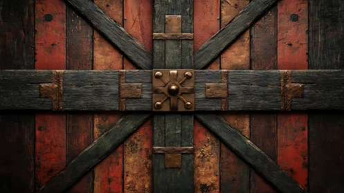 Weathered wooden door with metal cross braces and lock.