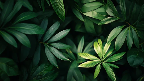 Macro botanical study of layered tropical foliage in shade