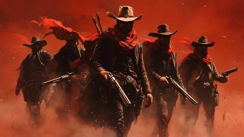 Cowboy gunslingers walking through red dust-filled landscape.