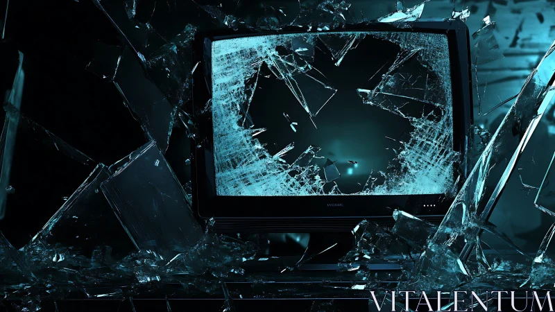 Broken CRT monitor surrounded by shattered blue glass.