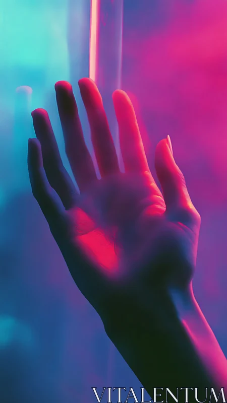 Hand raised in neon pink and blue colored light glow.