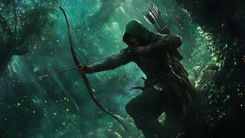 Hooded forest archer draws his bow in glowing green mist