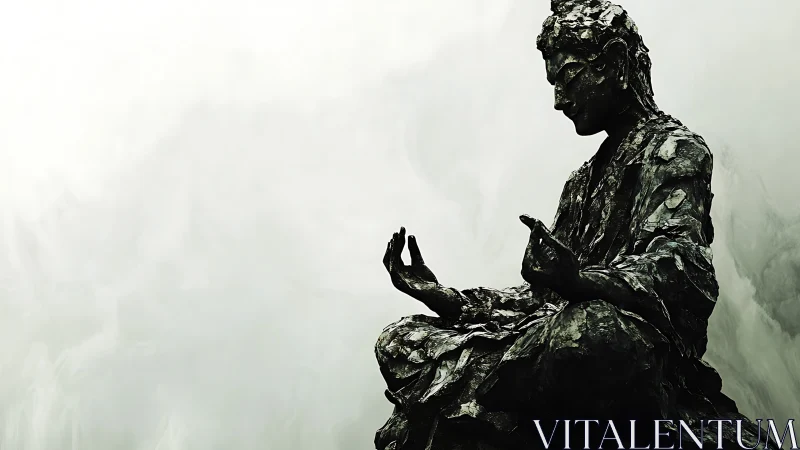 Silent bronze sage listens to invisible storms within mist