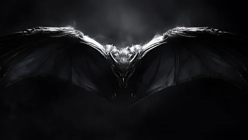 Shadowed metallic bat spreads its wings in stormy darkness