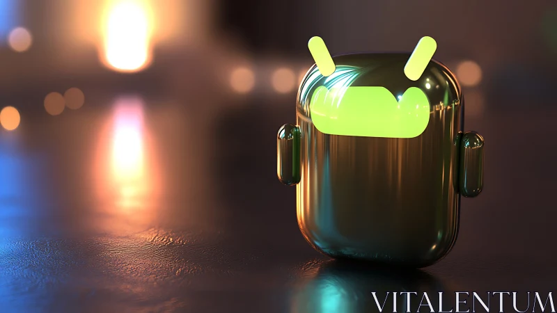 Metallic neon robot mascot on glossy reflective surface.