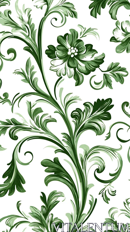 Green floral foliage pattern repeats on a white background