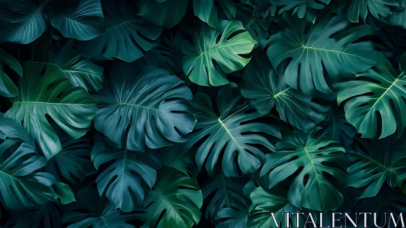 Overlapping dark green monstera foliage pattern.