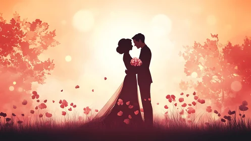 Bride and groom embrace in romantic sunset garden scene.