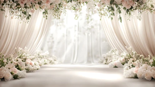 Petal-draped wedding aisle glowing in dreamy blush light.