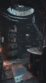 Rustic sci fi maintenance bay with worn control station.