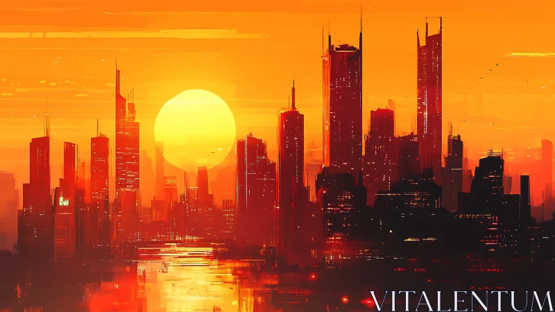 High-contrast sunset skyline renders vertical futuristic silhouettes