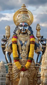 Ornate metallic deity sculpture with garlands at temple complex.