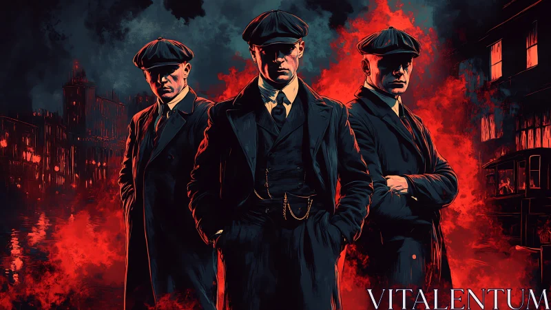 Three suited gangsters stand in red smoke filled city street.