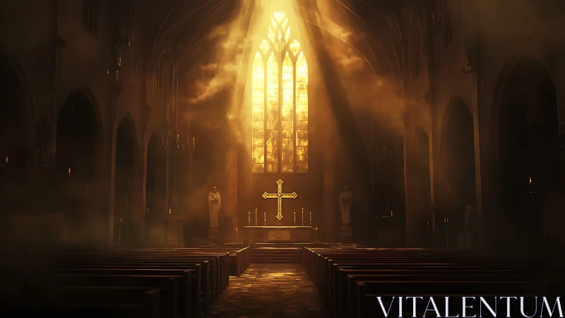 Sunlit church nave with altar cross framed by stained glass