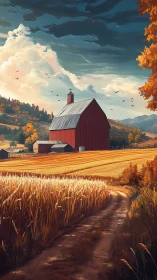 Red barn in golden wheat fields under dramatic sky.