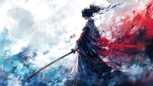 Storm-painted samurai draped in swirling crimson and ice.